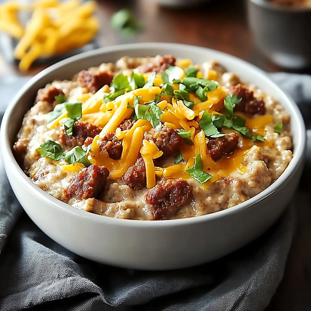 Recipe preparation for Cheddar and Sausage Oatmeal