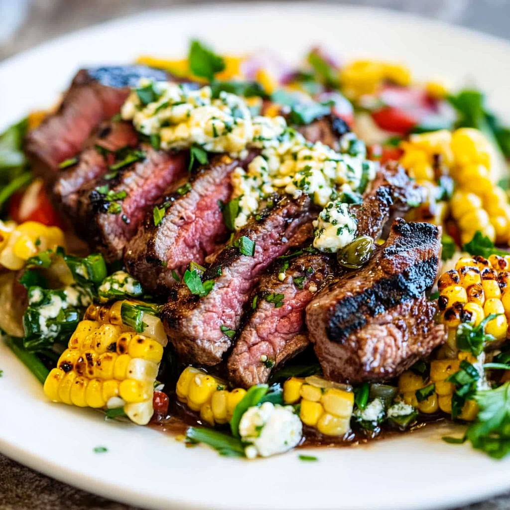 Recipe preparation for Balsamic Steak Gorgonzola Salad with Grilled Corn