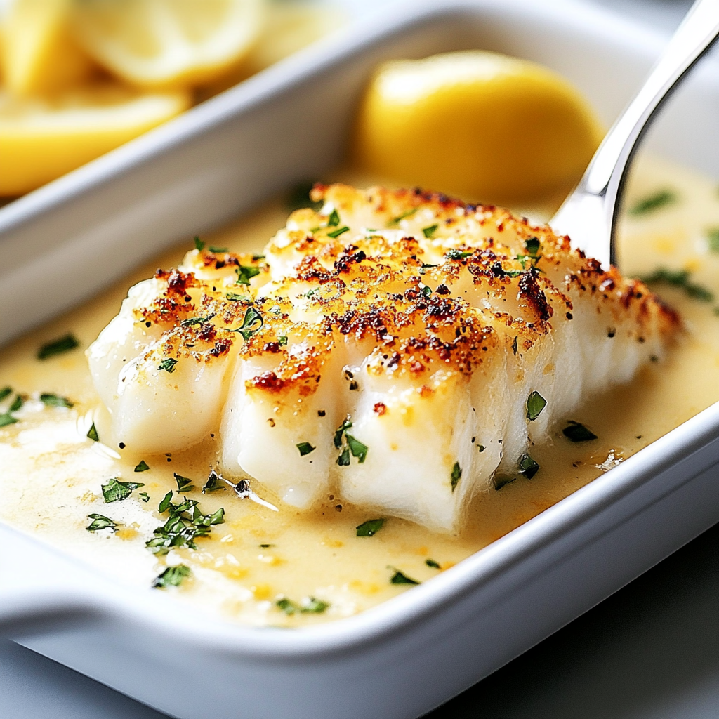 Recipe preparation for Baked Cod in Coconut Lemon Cream Sauce