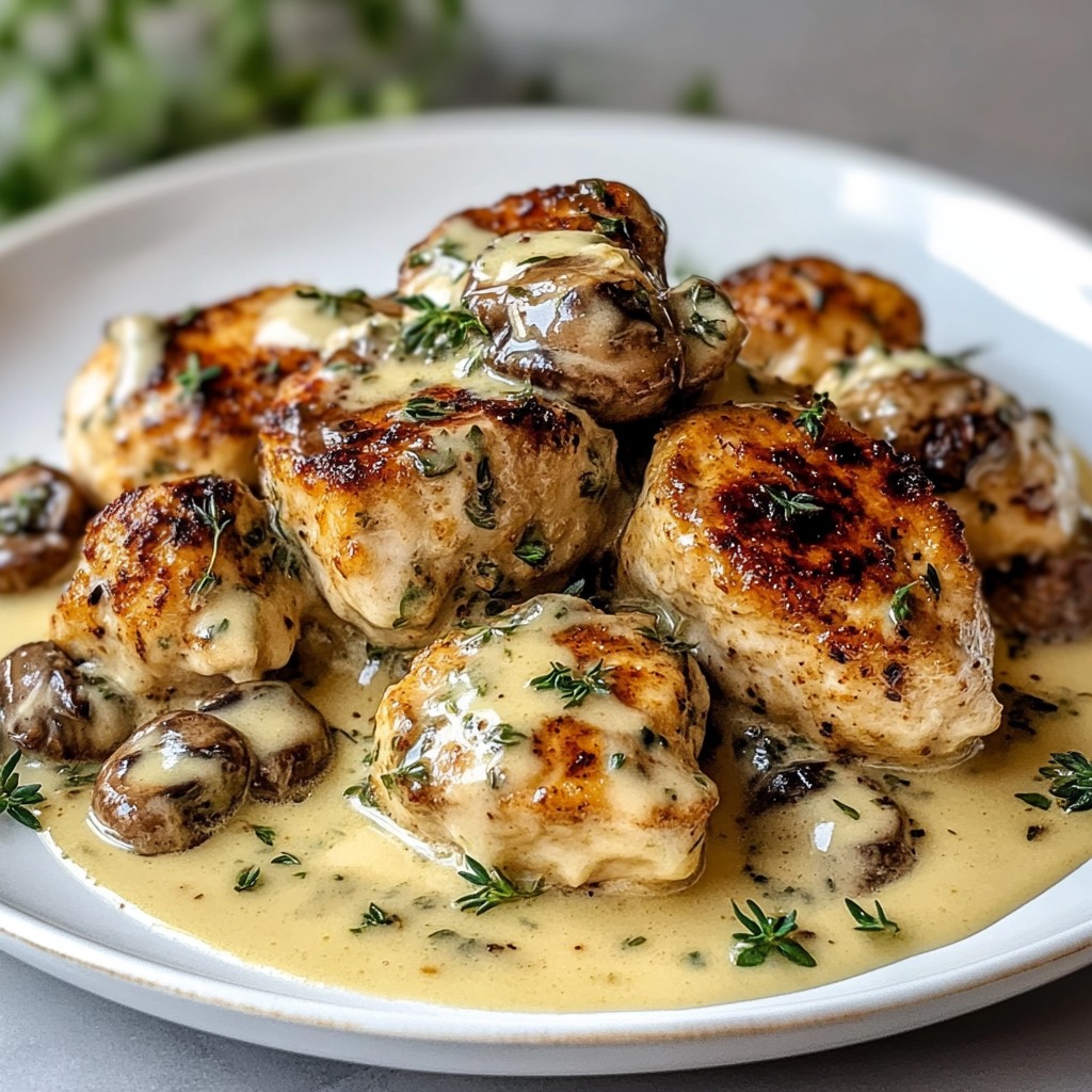 Recipe preparation for Creamy Mushroom Asiago Chicken