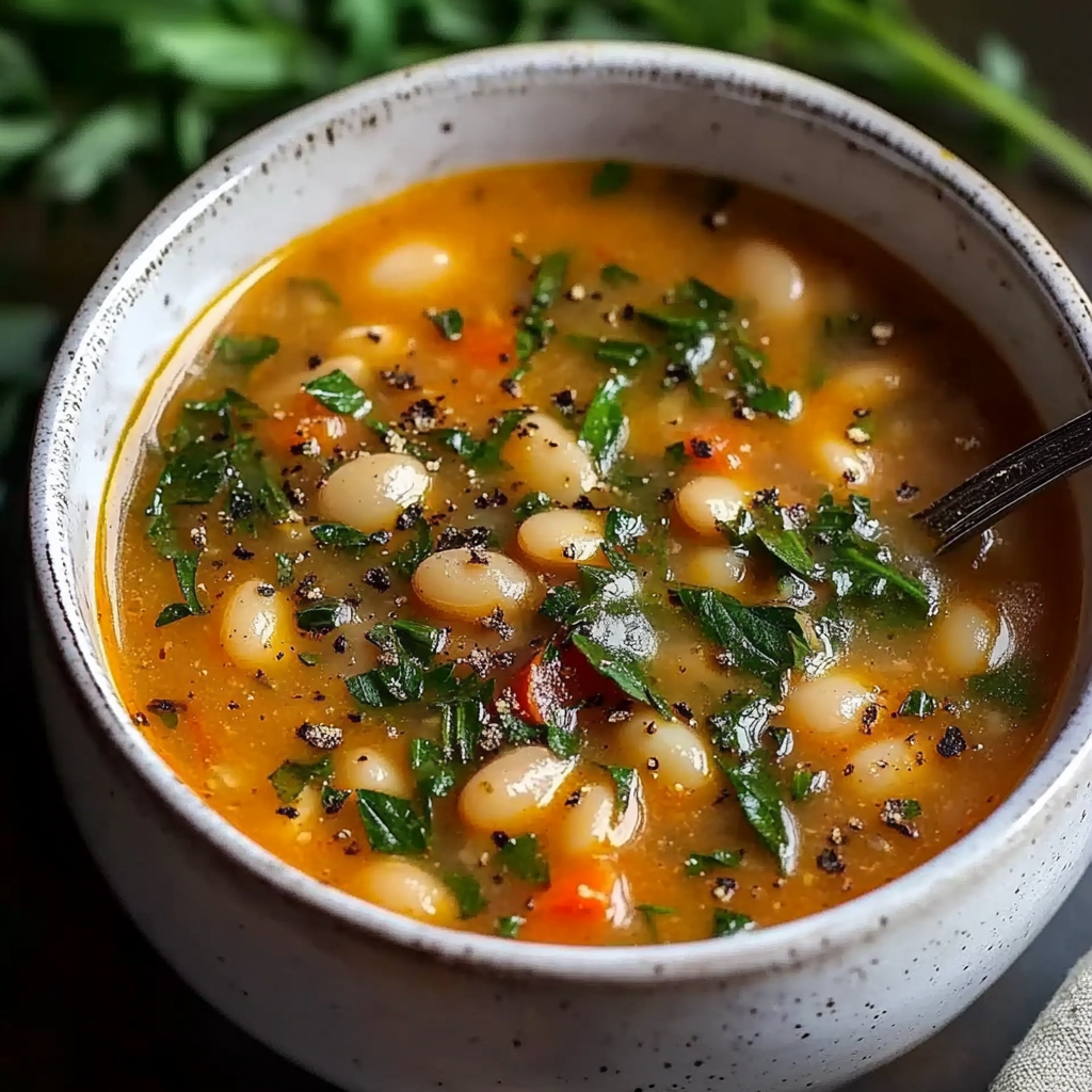 Recipe preparation for Rustic Tuscan Bean Soup with Fresh Herbs