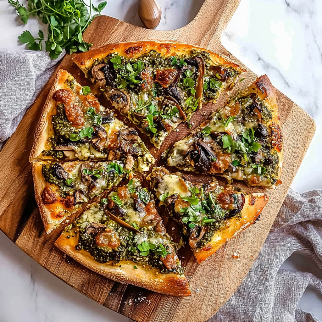 Recipe preparation for Wild Mushroom Pesto Pizza