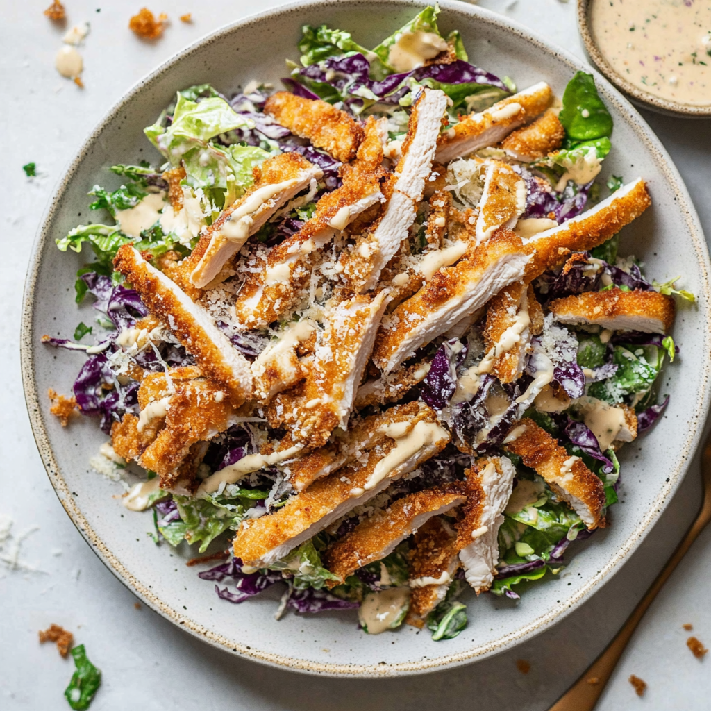 Recipe preparation for Caesar Slaw with Crispy Chicken