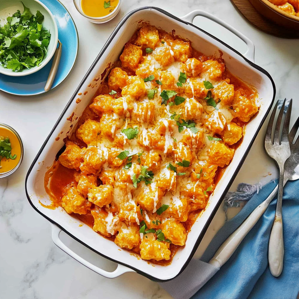 Recipe preparation for Buffalo Chicken Tater Tot Bake