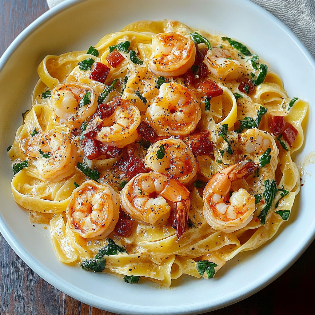 Recipe preparation for Creamy Tomato Shrimp Pasta Dish
