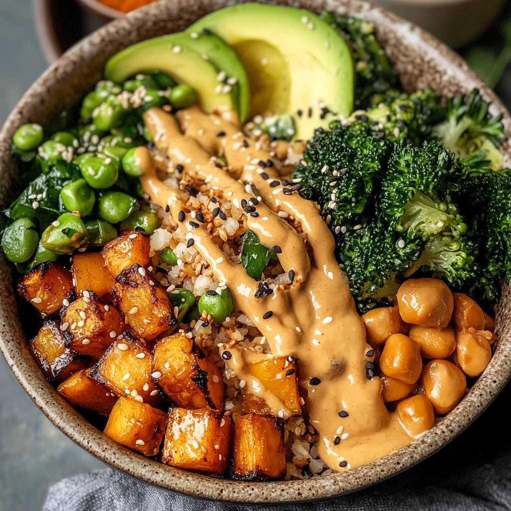 Recipe preparation for Miso Glazed Sweet Potato Bowl