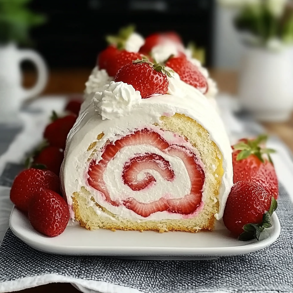 Recipe preparation for Strawberries and Cream Swiss Roll