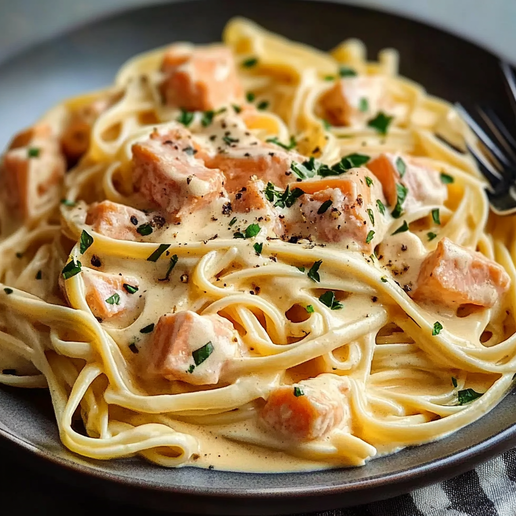 Recipe preparation for Creamy Salmon Pasta