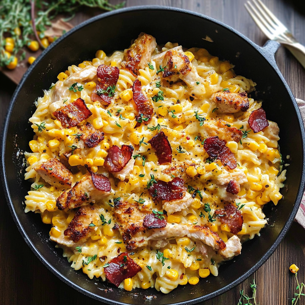 Recipe preparation for Creamy Chicken and Corn Pasta with Bacon