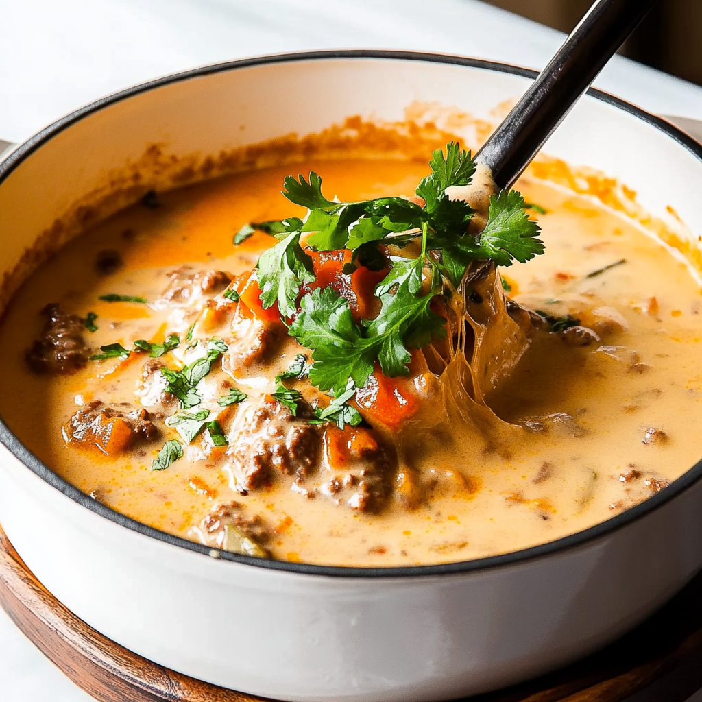 Recipe preparation for Hearty and Creamy Keto Cheeseburger Soup