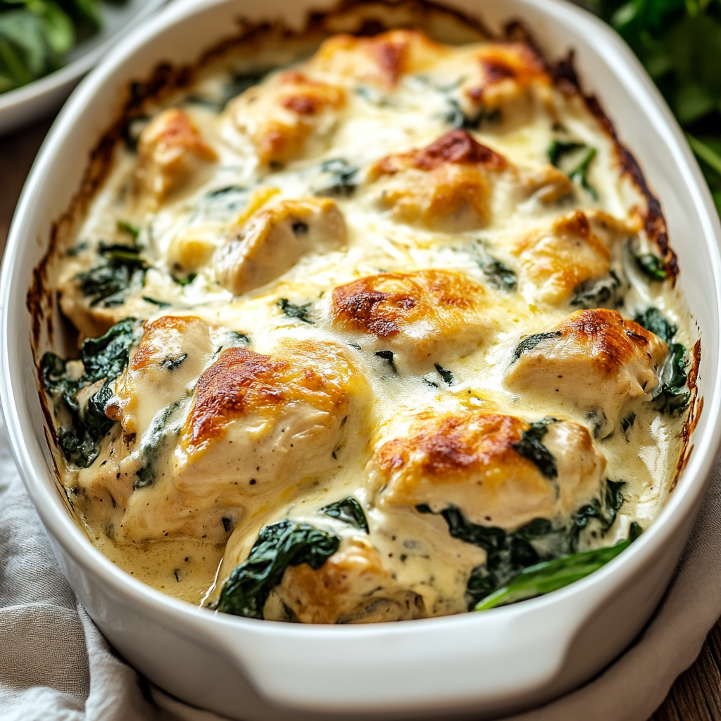 Recipe preparation for Cheesy Chicken and Spinach Casserole with Mushrooms