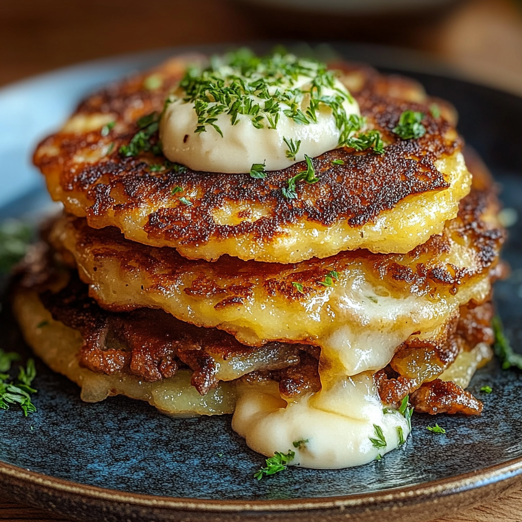 Recipe preparation for Potato Pancakes with Savory Beef