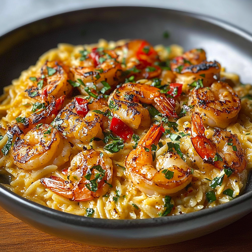 Recipe preparation for Creamy Cajun Shrimp Orzo
