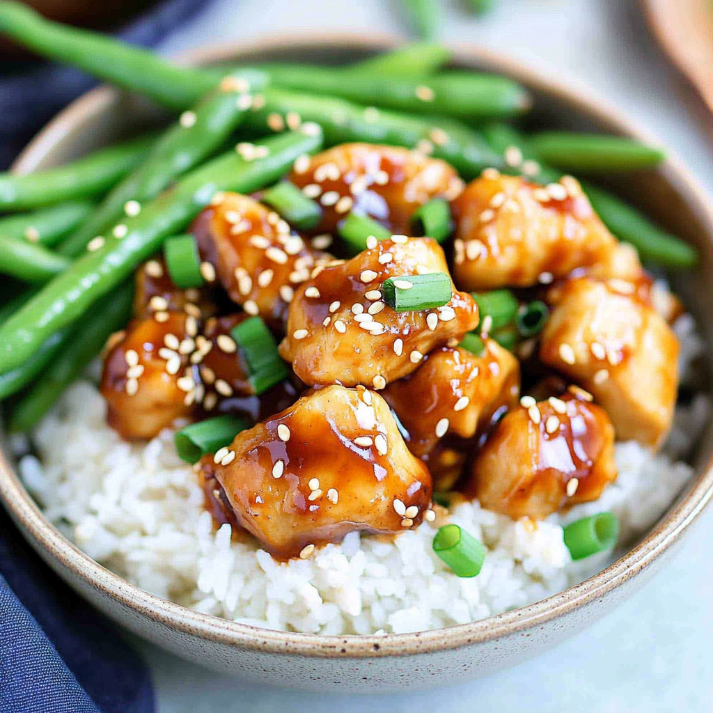 Recipe preparation for Sesame Chicken with Green Beans and Rice