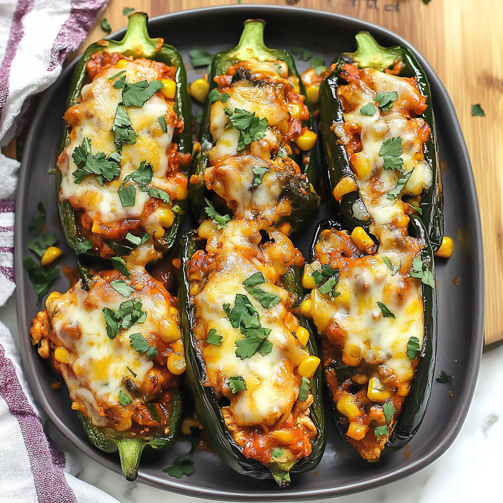 Recipe preparation for Cheesy Chicken and Corn Stuffed Poblano Peppers