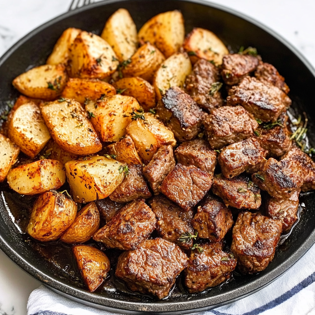 Recipe preparation for Garlic Butter Steak Bites with Crispy Potatoes