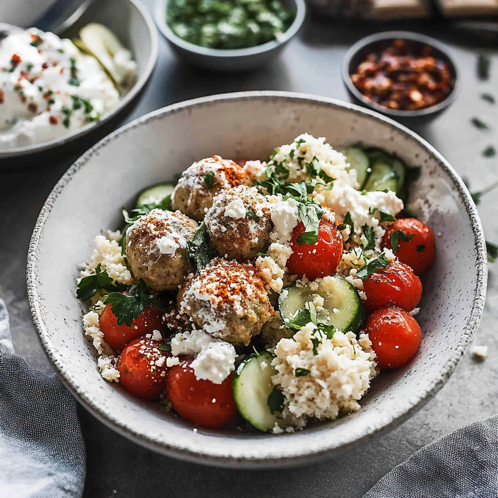 Recipe preparation for mediterranean meatball bowl