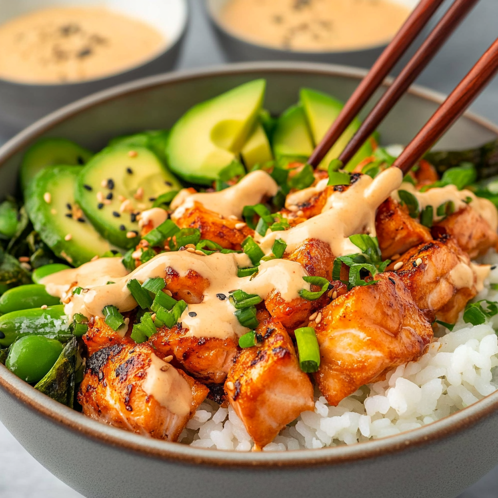 Recipe preparation for spicy salmon maki bowls
