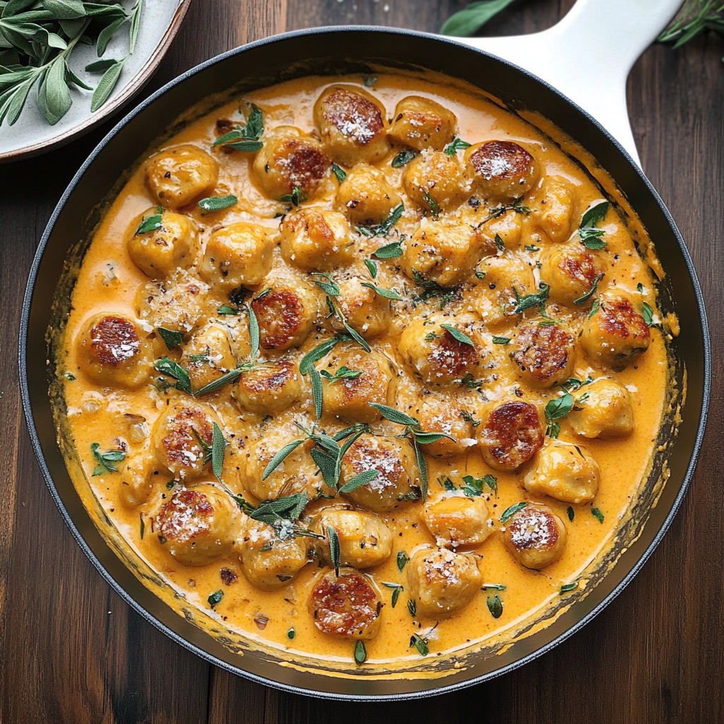 Recipe preparation for creamy butternut squash gnocchi with sausage