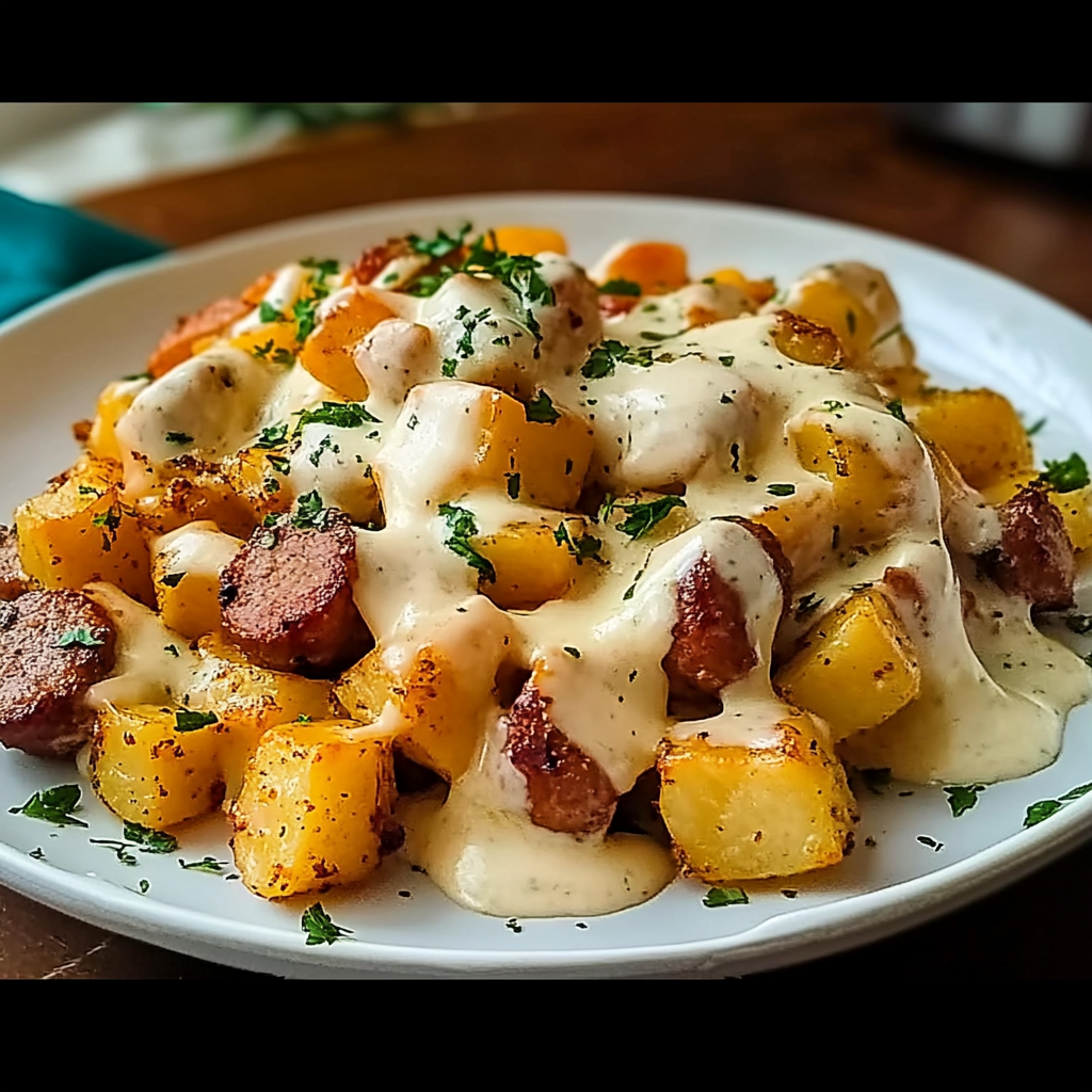 Recipe preparation for cheesy ranch potatoes and smoked sausage