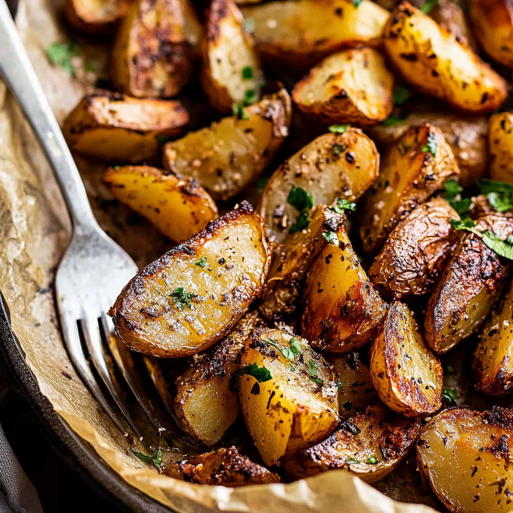 Recipe preparation for crispy roasted potatoes with lemon and garlic