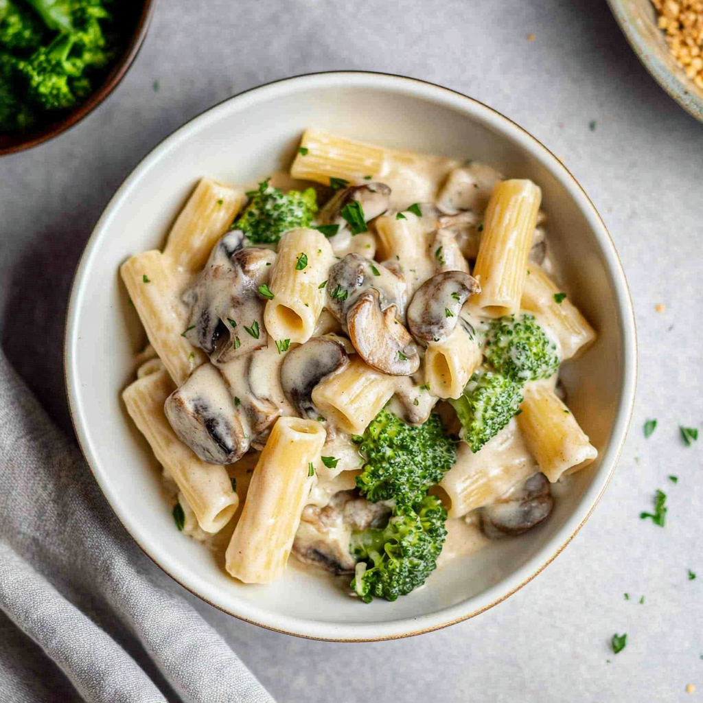 Recipe preparation for vegan mushroom broccoli pasta