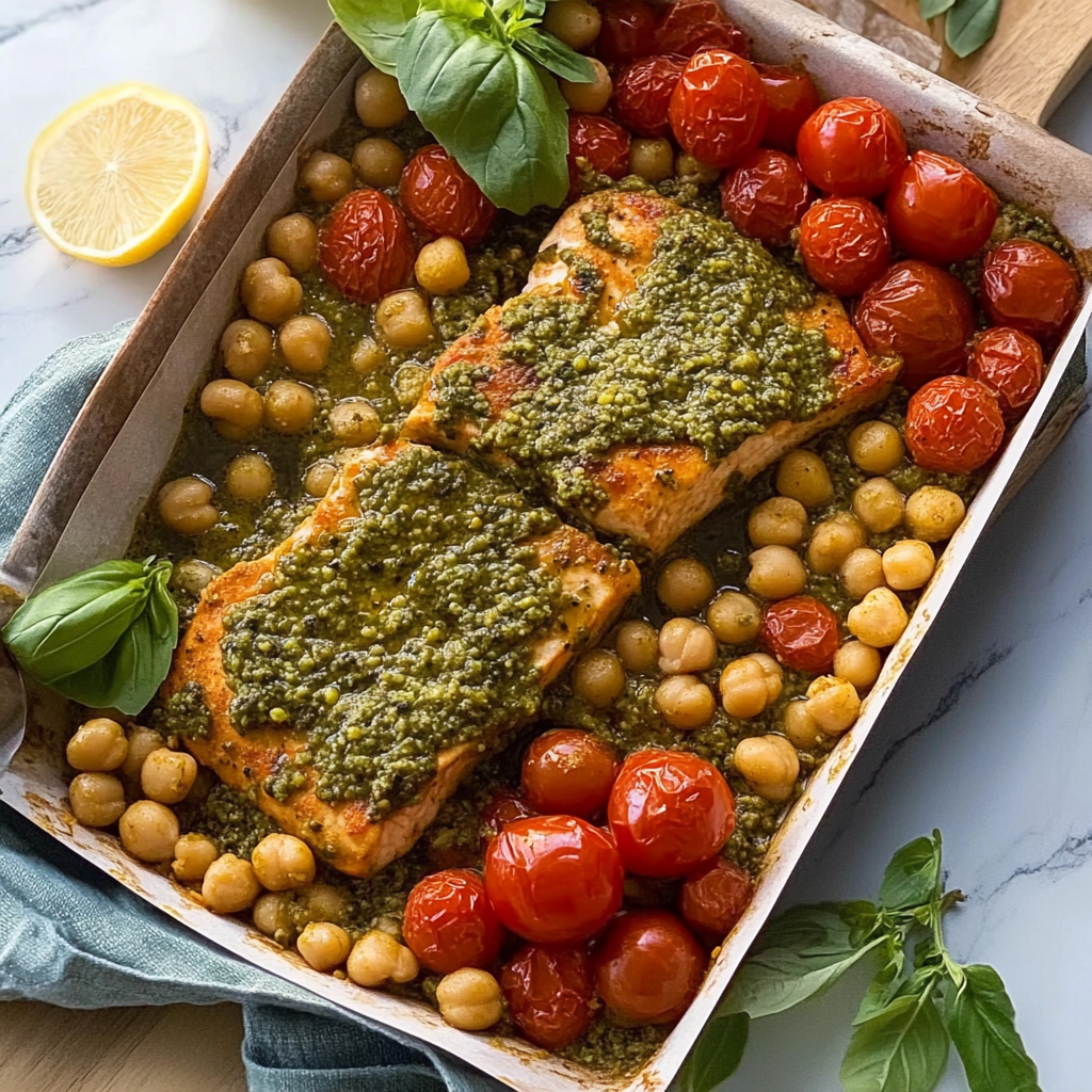 Recipe preparation for pesto salmon chickpea bowls
