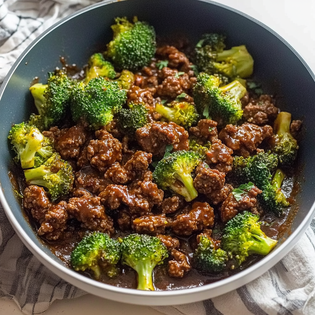 Recipe preparation for ground beef and broccoli