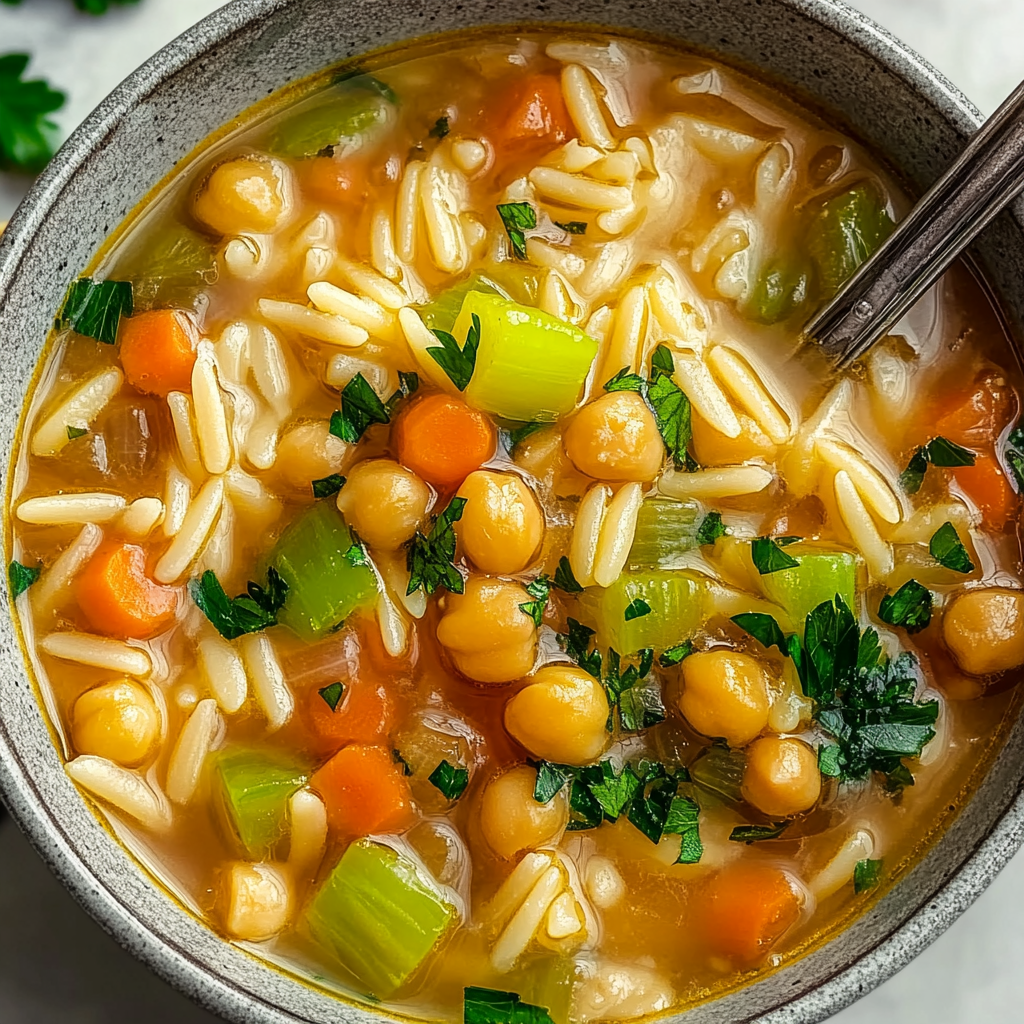 Recipe preparation for lemon chickpea orzo soup