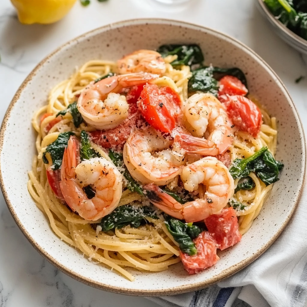 Recipe preparation for tomato spinach shrimp pasta