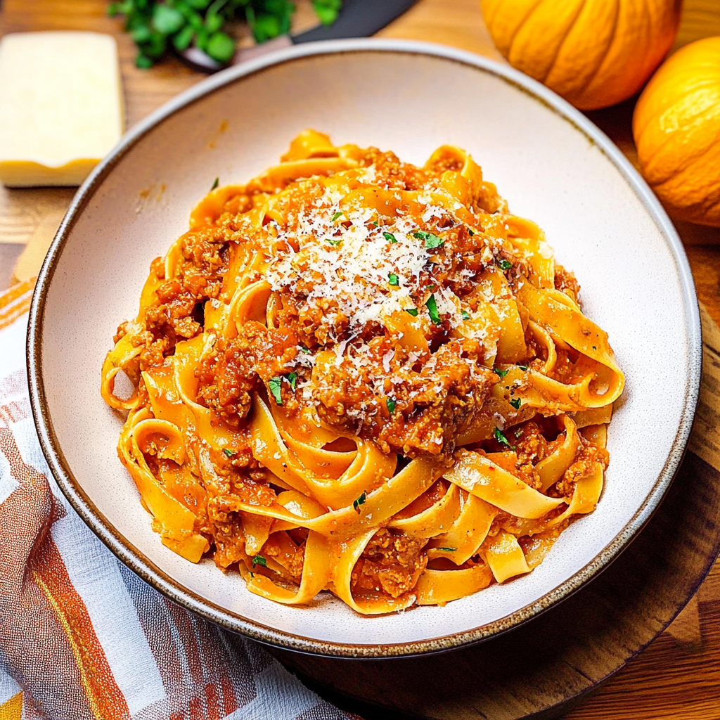 Recipe preparation for pumpkin bolognese tagliatelle