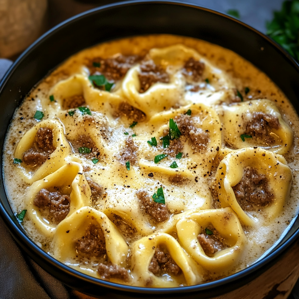 Recipe preparation for Cheesesteak Tortellini in Rich Provolone Sauce