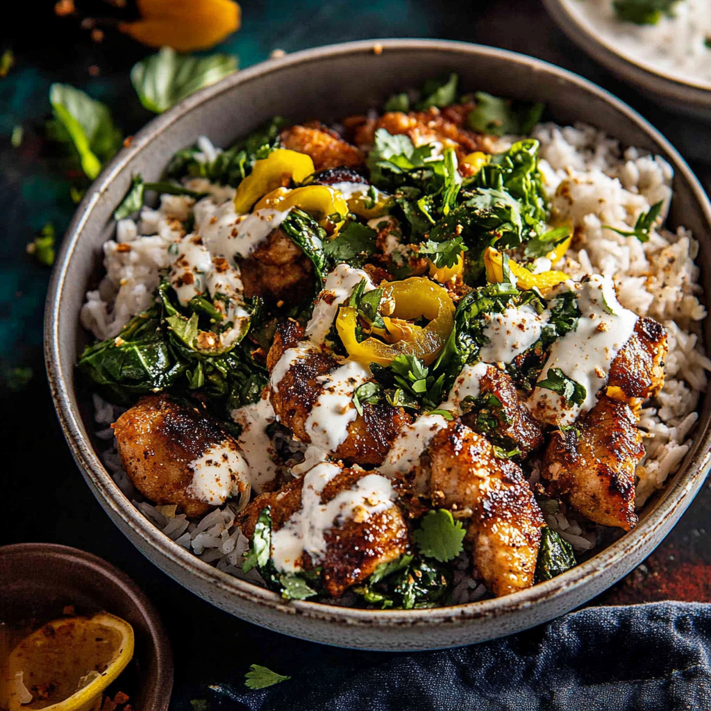 Recipe preparation for greek chicken bowls with tahini feta sauce