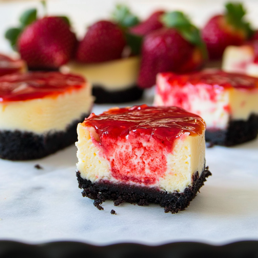 Recipe preparation for Mini Strawberry Swirl Cheesecakes