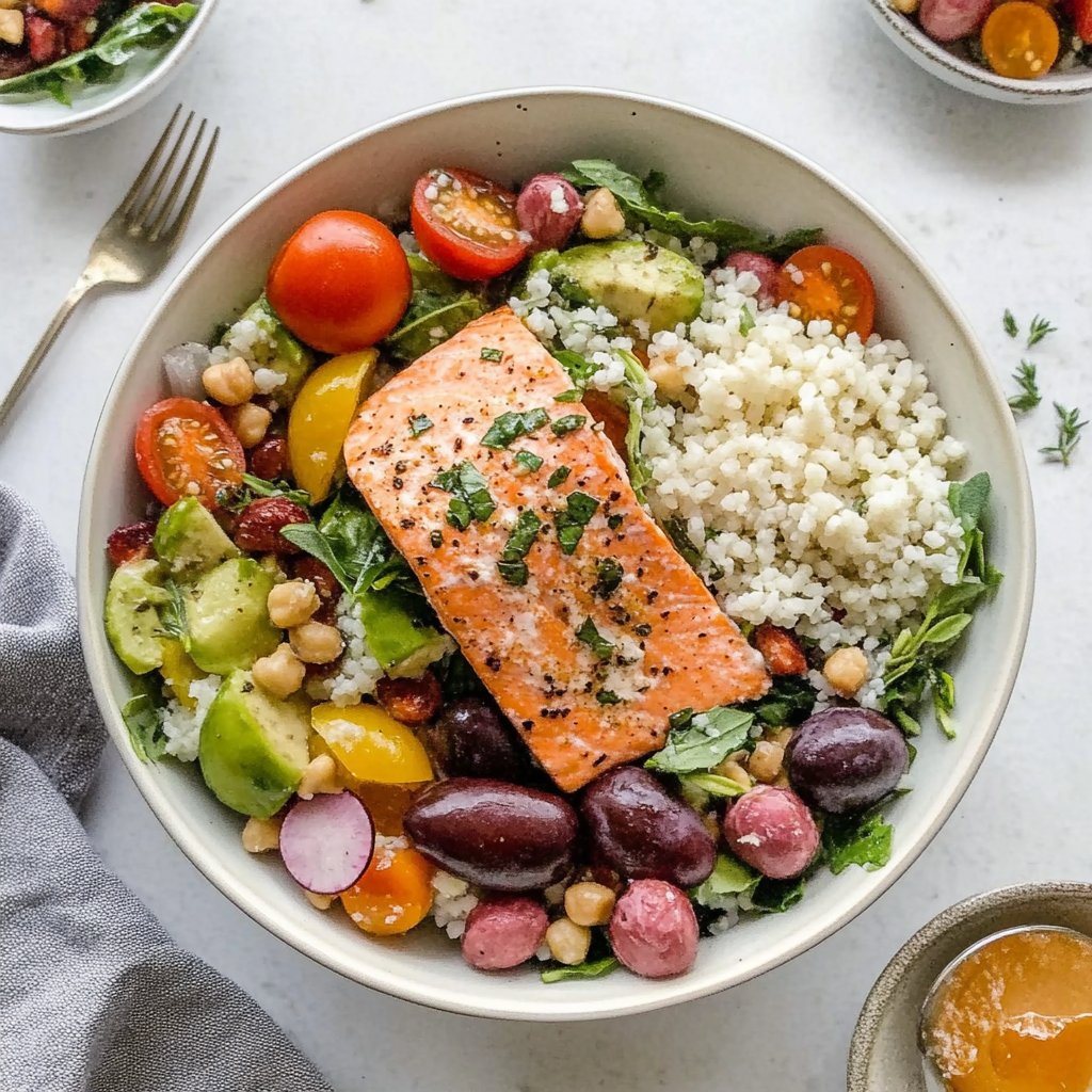 Recipe preparation for greek salmon grain bowls