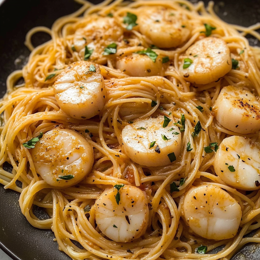 Recipe preparation for quick scallops with pasta