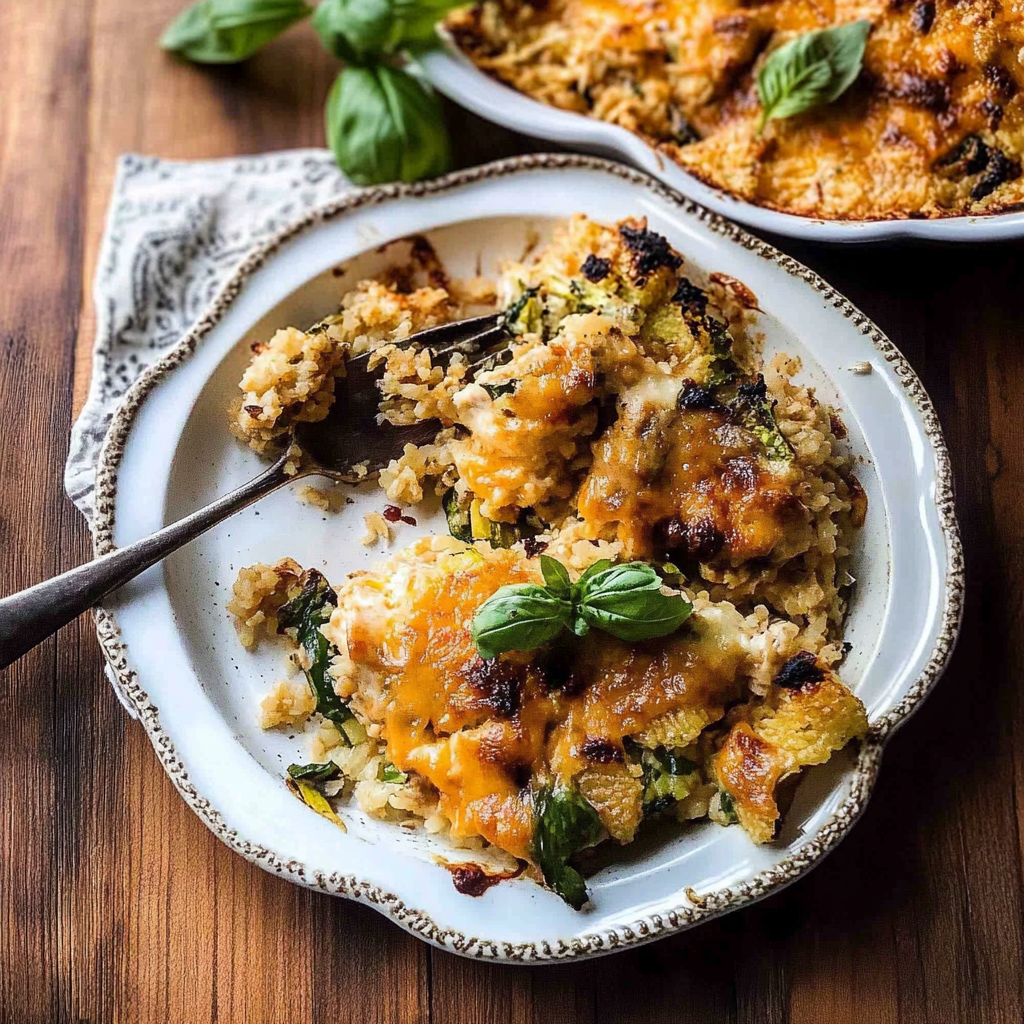 Recipe preparation for cheesy zucchini chicken and rice bake.