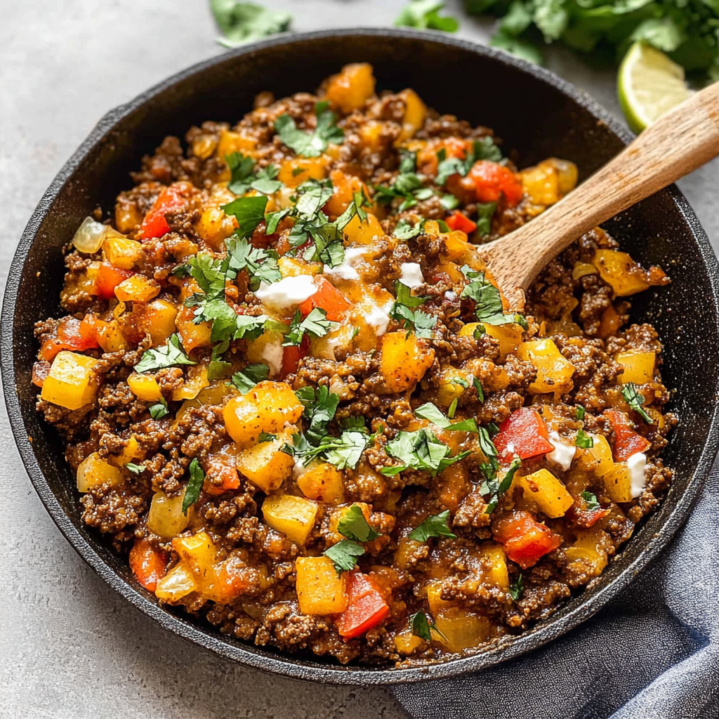 Recipe preparation for mexican ground beef skillet