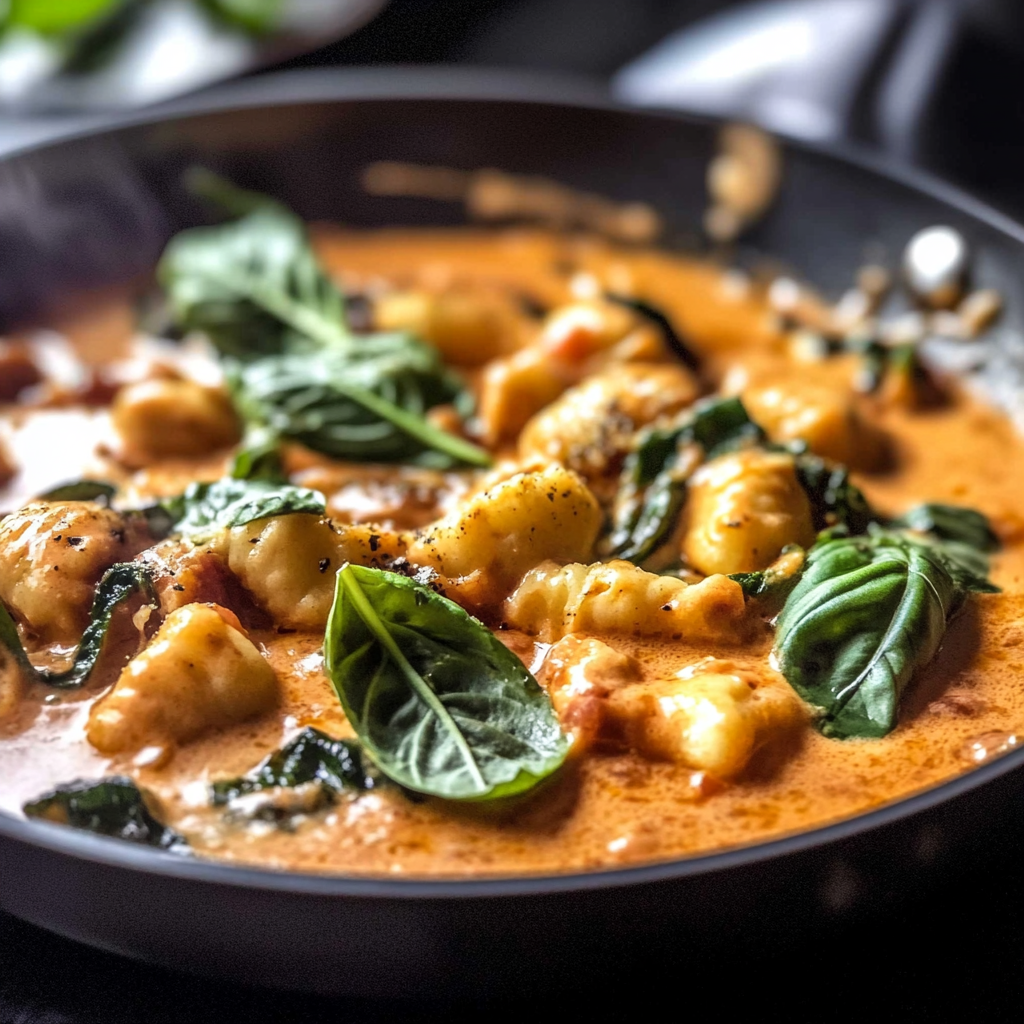 Recipe preparation for one-pan sun-dried tomato ricotta gnocchi.