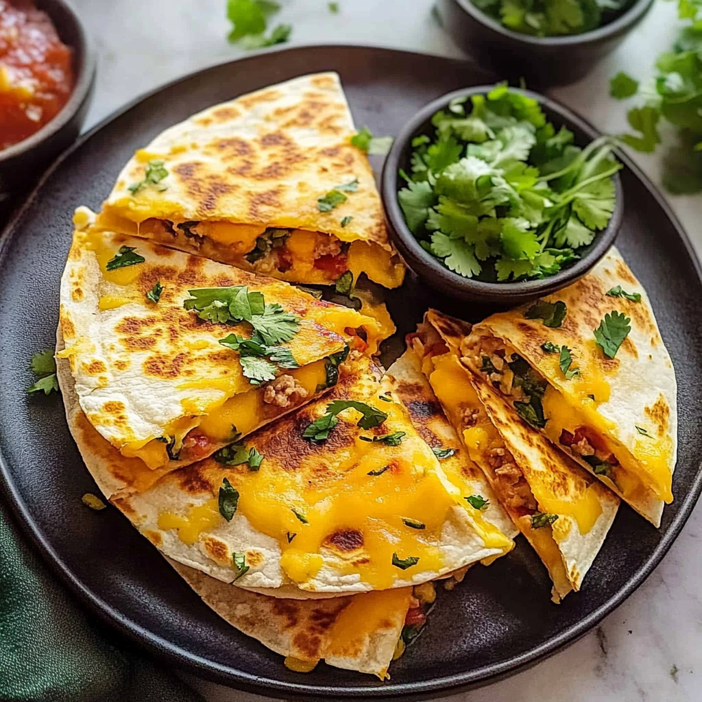 Recipe preparation for cheesy ground turkey quesadillas