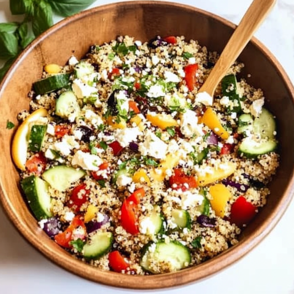 Recipe preparation for Lemony Quinoa Salad with Feta and Cucumber