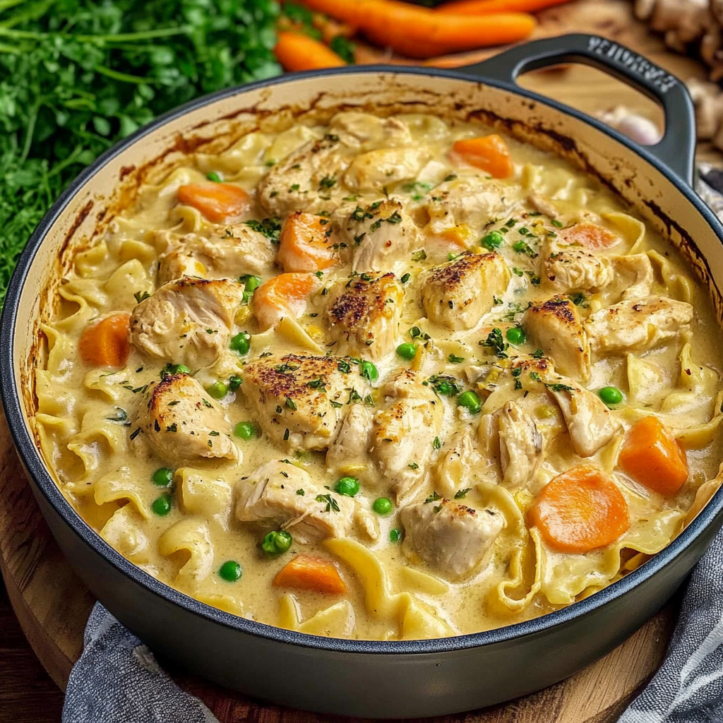 Recipe preparation for creamy chicken pot pie one pot pasta