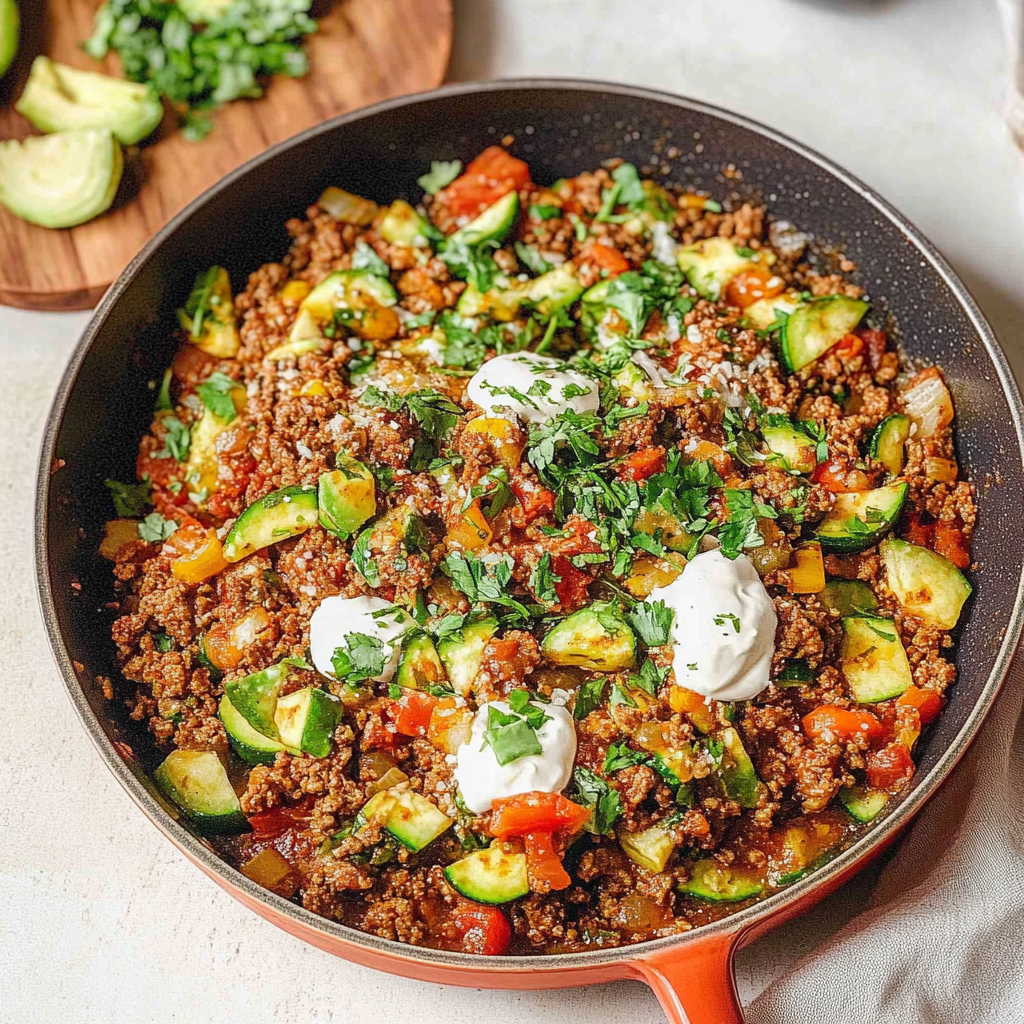 Recipe preparation for ground beef and zucchini skillet