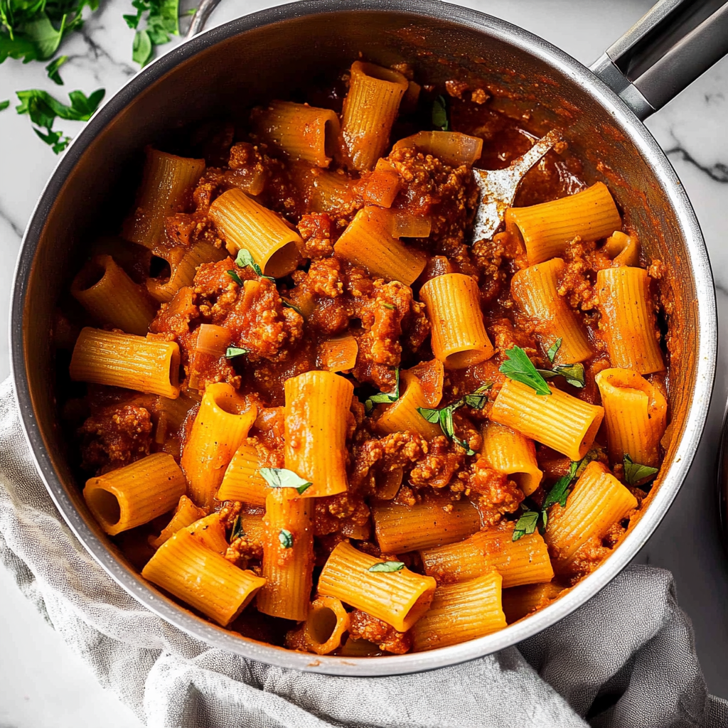 Recipe preparation for one pot rigatoni bolognese
