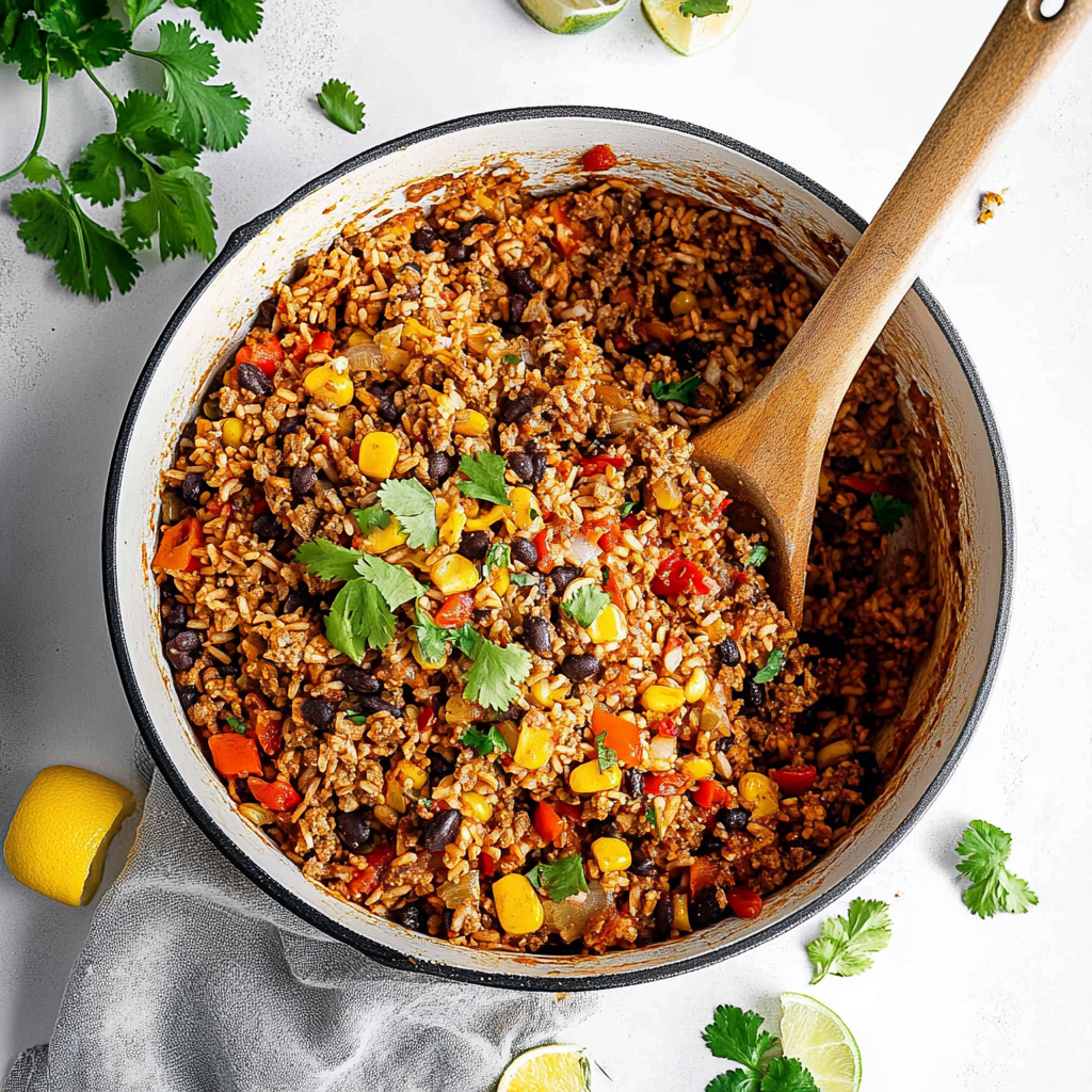 Recipe preparation for mexican beef and rice skillet