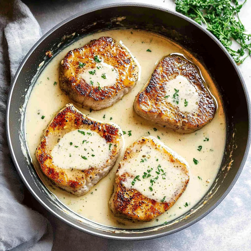 Recipe preparation for pork chops with creamy mustard sauce