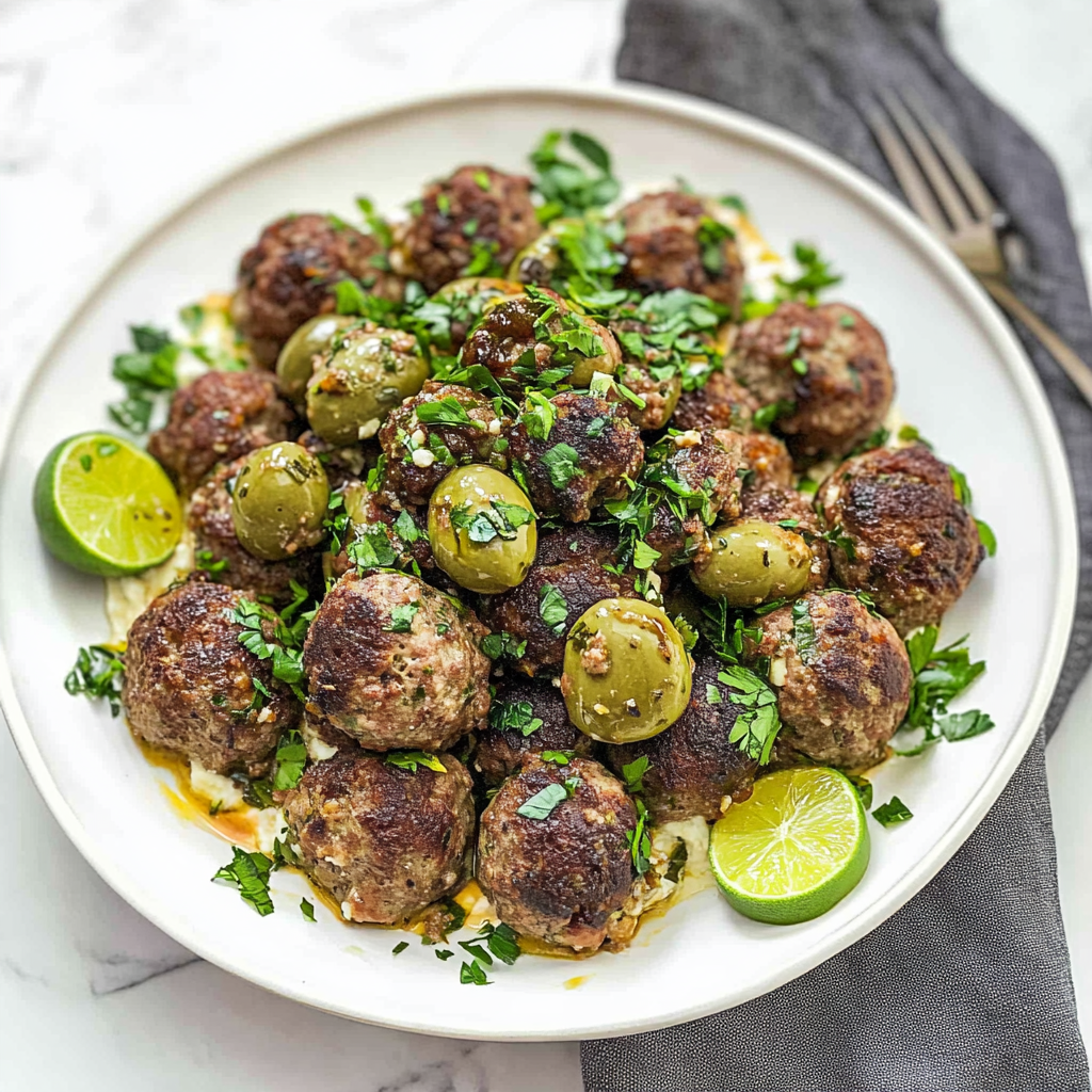 Recipe preparation for herby meatballs with whipped feta + olives