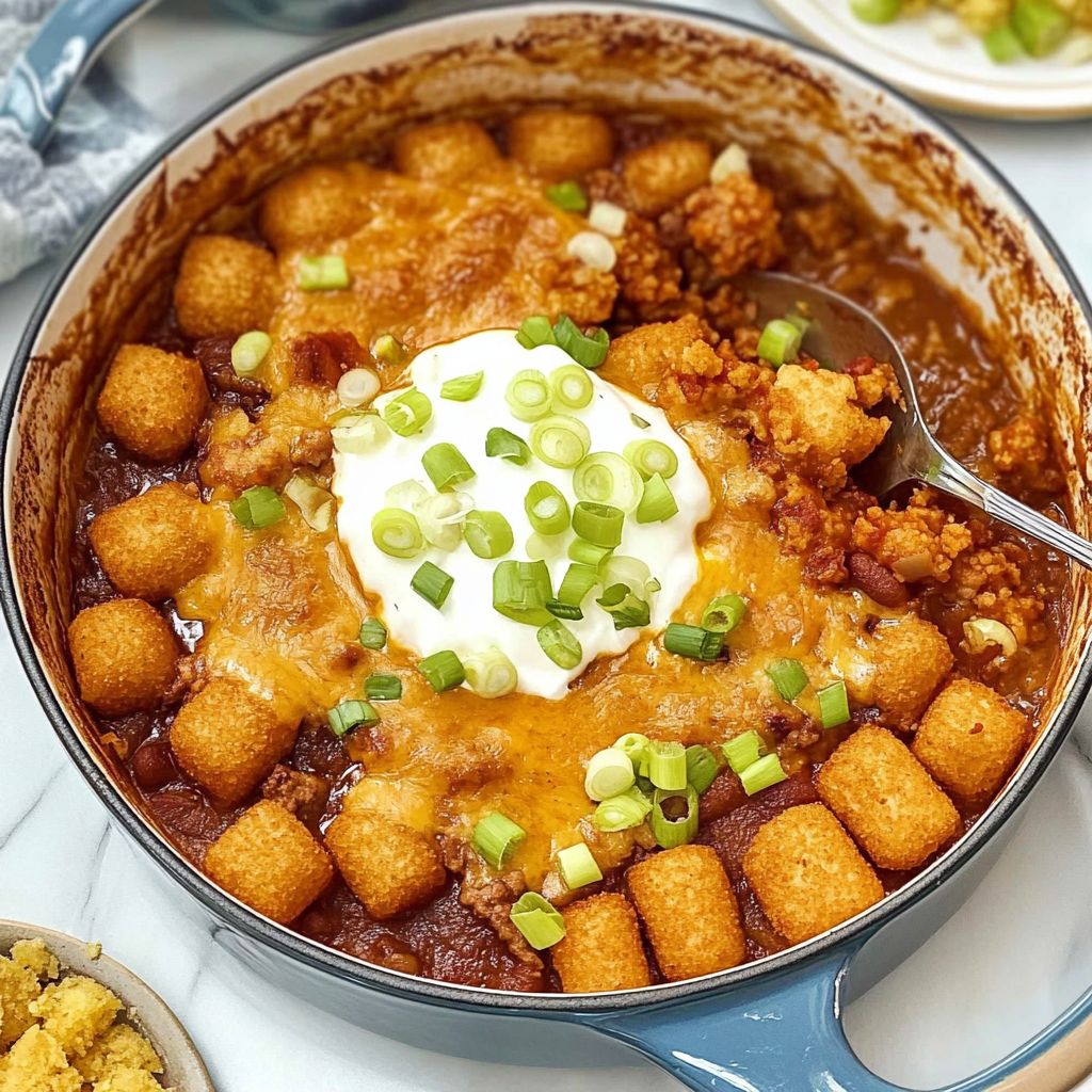 Recipe preparation for chili cheese dog tater tot casserole