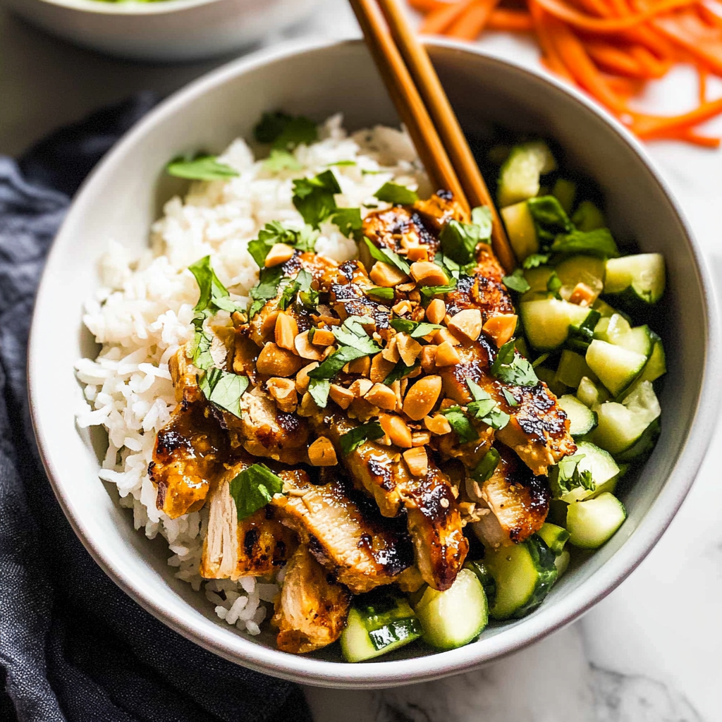 Recipe preparation for peanut butter chicken and rice bowl