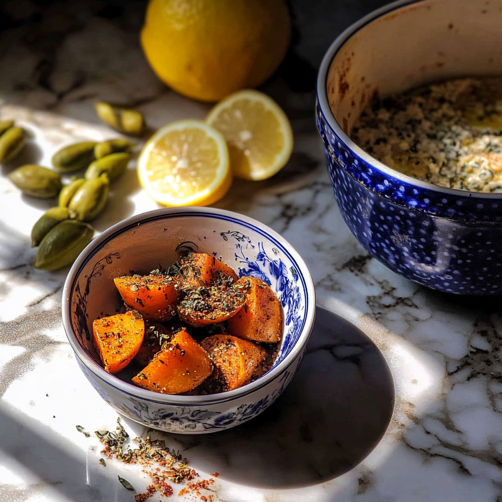 Recipe preparation for sheet pan lemon garlic chicken with sweet potatoes and feta yogurt sauce